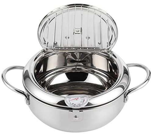 WOTZOV Mini friggitrice in Acciaio Inossidabile in Stile Giapponese con termometro, Compatibile con fornelli a induzione per la Cucina di casa，24cm