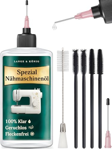 Lange & König 100 ml Nähmaschinenöl Pflege Set - Klar, Geruchlos, Nicht fleckend Inkl. 2x Präzisions-Dosierspitzen (25mm & 38mm) + 5 Reinigungsbürsten - Nähmaschine Zubehör Nähzubehör für Nähmaschine