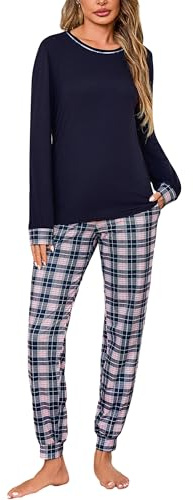 Litherday Pigiama Donna Invernale Cotone Due Pezzi con Manica Lunga e Pantaloni a Quadri Collo Rotondo con Tasche Comodo per Casa