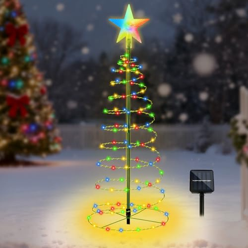 FENYW Luci a Spirale Solari Di Natale, Luci Natalizie da Esterno Energia Solare, a Forma di Albero di Natale a Spirale IP44 Luci a Led Impermeabil Per Sentiero,Giardino,Prato (Colorate)