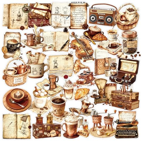 APAREAL Vintage Kaffee Aufkleber 50 Stück, Aesthetic Stickers für Journal Fotoalbum Laptop MacBook Scrapbook Koffer Fahrrad Skateboard Snowboard, Wasserfeste Transparente PET Sticker