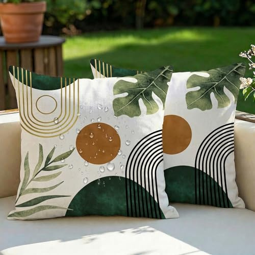 Vorysum Wasserfest Kissenbezug 40x40 cm 2er Set Outdoor Wasserdicht Sofakissen Retro Boho Dekokissen Kissenbezüge Dekorativ Kissen Kissenhülle aus Polyster für Garten Sofa Wohnzimmer Grün