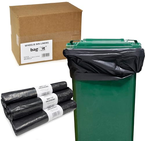 Bag It Plastics 100 Black Wheelie Bin Liners 240L – Leak Proof & Tear Resistant | Medium Duty Refuse Sacks & Large Bin Bags for Gardens and Outside Bins | 30” x 46” Wide x 53” Long.