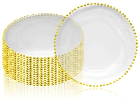 Trimming Shop Clear Glass Charger Plate with Golden Beaded Rim, 12pcs | 33cm (13 Inch) Decorative Dinner Chargers for Table Setting, Wedding, Party, Home & Event Décor, Dinner Table Decoration