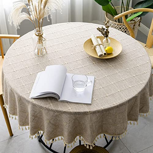 Lsimeru Landhaus Tischdecke Abwaschbar Rund Braun 160cm Garten Tischtuch Outdoor Gitter Muster Modern Leinenoptik Tischwäsche Wachstuch Decke Gartentischdecke
