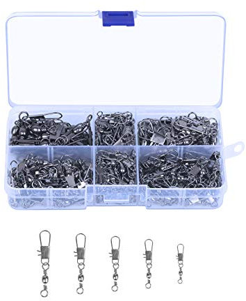 LAITER 230 Stück Angelzubehör Kohlenstoffstahl Wirbel Angeln Angelwirbel mit Kunststoff Box Tönnchenwirbel für Salzwasser Angeln Connector Haken Lock Snap Größe 2# 4# 6# 8# 10#