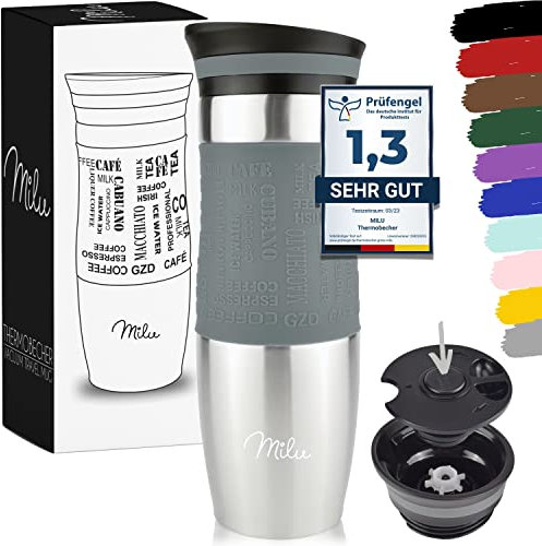 Milu Travel Mug 370ml 450ml - Insulated Coffee Cup to go - 100% Leak Proof - Stainless Steel Drinking Mug - Car Mug Double Wall Insulation Thermo Coffee Flask (Grey, 450ml)