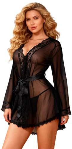 Nattlinne Dam Sensuell Nattskjorta Spets med Bälte Kimono Pyjamas Badrockar stor Storlek Långärmad Sovrumsklänning V-hals med G-string(Svart,XL-XXL)
