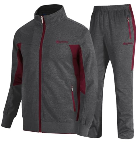 TBMPOY Men's Tracksuits Sweatsuits for Men Set Track Suits 2 Piece Casual Athletic Jogging Warm Up Full Zip Sweat Suits Dark Grey/Wine Red L