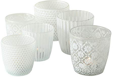 Seaside No.64 - Windlicht-Set 6 teilig aus Glas 7-9cm - Teelichthalter für Romantisches Ambiente - Kerzenständer mit 3 Designs in je 2 Größen - Retro Kristall Ornamente - (weiß, Set)