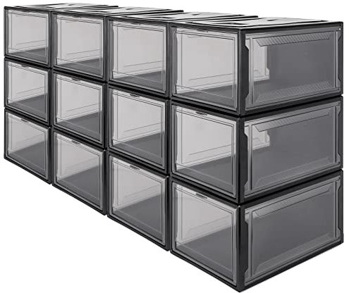 Yorbay 12er Set, Schuhbox Schuhregal, stapelbarer Schuhorganizer, plastikbox mit durchsichtiger Tür, Mehrweg Schuhaufbewahrung, für Schuhe bis Größe 48, Schwarz