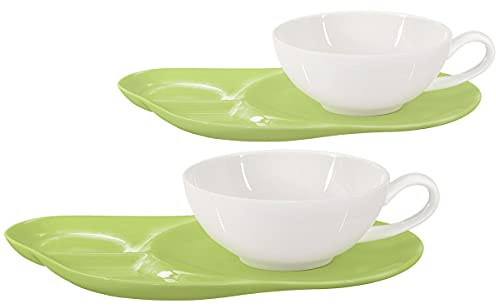 Buchensee Teetassen Set Lena aus Crystal Bone China Porzellan in grün. 2 Tassen je 200ml + Untertasse mit praktischen Ablageflächen