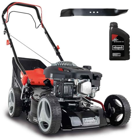 Scheppach Benzin Rasenmäher MS132-42 | Schnittbreite 42cm | Radantrieb | 3,3 PS | Stahlgehäuse | Reinigungsfunktion | Mulchfunktion | 45 Liter Korb| 7-Stufen Verstellung | inkl. Motoröl & Ersatzmesser