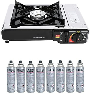 Greenpoint Gaskocher(Edelstahl) + 8 Gaskartuschen - Campingkocher Ink.Tragekoffer mit 8 Gaskartusche, Gaskocher mit Kartusche, Campingkocher mit Kartusche Camping Gas Stove