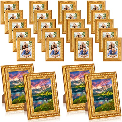 Remerry 24 Pcs Small Gold Vintage Picture Frames Bulk Mini Gold Plastic Retro Picture Frames Display 3.5x5 Photo with Mat Tiny Ornate for Place Card Holder Tabletop Display Home Wedding Decor
