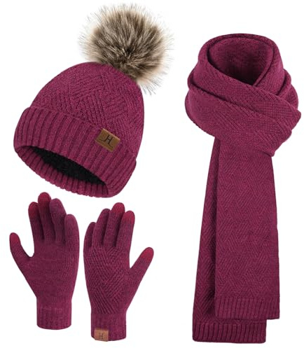 Femmes Hiver Chaud Bonnet Pompon Longue Echarpe Gants Tactiles Ensemble Tricot avec Doublure Polaire Thermique Cadeaux Noel Femme