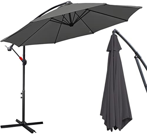 Joparri Ombrellone grigio Ø 350 cm con manovella, ombrellone con supporto, parasole da giardino, protezione UV in alluminio, ombrellone da mercato, impermeabile