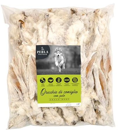 Perla PetFood - Snack per cani - Orecchie di coniglio con pelo - Alimento naturale carne essiccata 100% italiana senza conservanti - Alto contenuto di proteine - Snack BARF 1000 gr