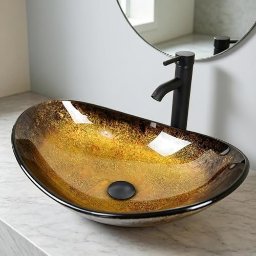 YU YUSING Countertop Bathroom Sink Basin Oval Hand Washbowl | Tempered Glass with Tap Waste Set, Cloakroom Kitchen Toilet, Gold