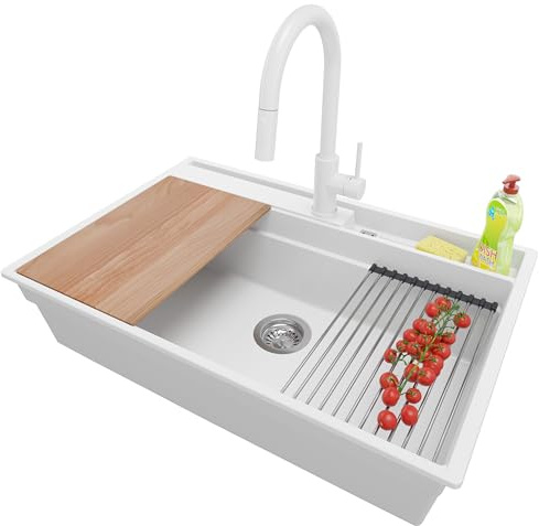 PRIMAGRAN Fregadero Granito al Mueble 80cm + Grifo, 78x53cm | Set: Grifo BW9010 + Kit de desagüe (sifón, válvula, rebosadero) + Oslo Pocket 1 Seno para Cocina, Blanco