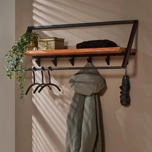 RINGO-Living Wandgarderobe mit 6 Haken & Ablage, Kleider Garderobe Flur aus Holz & Metall, rustikale Wandregal Garderobe, Garderobe Massivholz, stylische Kleidergarderobe Flur, Hängeregal Industrial