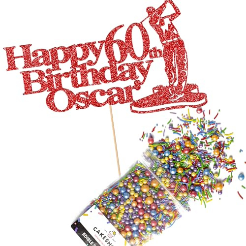 Cakeshop Cake Decoration Pack | Golf Theme Birthday Premium Double Sided Glitter Card Cake Topper & 25g Party Pack of Cake Sugar Sprinkles | Custom Name & Age Cake Decorations (Red)