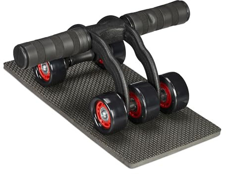 Relaxdays Bauchroller mit 5 Rädern, Bauchtrainer für Zuhause, Damen & Herren, Fitnessrolle mit Kniematte, schwarz/rot