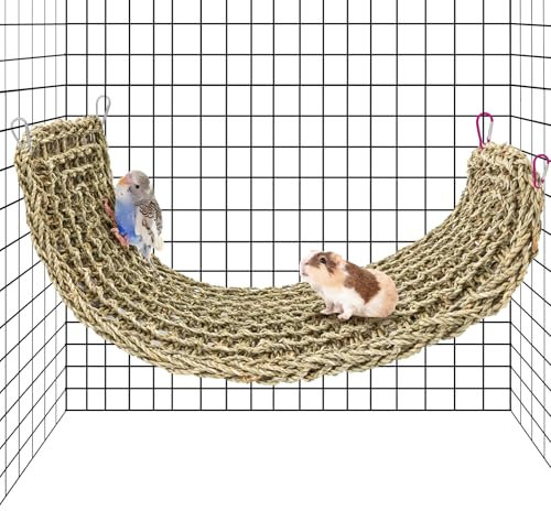 Bird Seagrass Mat 30 x 7 Inch Natural Seagrass Woven Bird Net, Parakeet Climbing Rope Ladder, Hammock Climbing Rope Ladder with Hooks, Chew Toys for Parrots Lovebird Cockatiel Budgie Hamster