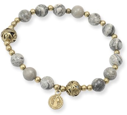 Nazareth Store Rosenkranz-Armband aus Steinperlen mit Metalltrennern und katholischer Medaille – langlebiger und eleganter Schmuck für das Handgelenk (Kartenstein | St. Benedikt)