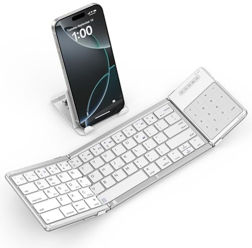 SODI Tastiera pieghevole con touchpad, tastiera wireless portatile con supporto per telefono, tastiera Bluetooth ricaricabile da viaggio per iPad, iPhone, Mac, tablet iOS, tasca sottile, pieghevole,