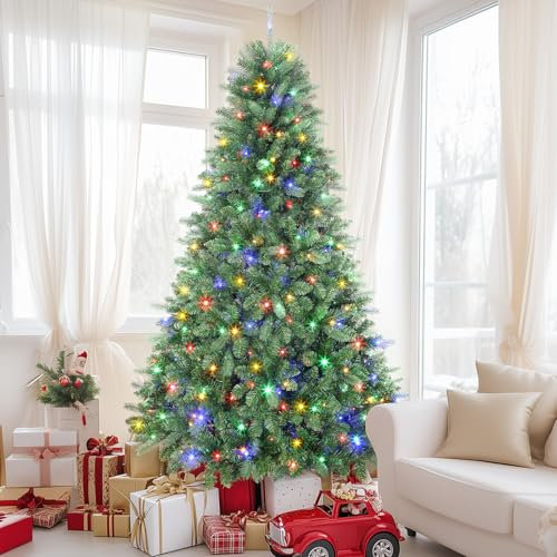 SHareconn 150cm Weihnachtsbaum künstlich mit Beleuchtung, Künstlicher Weihnachtsbaum mit 260 Warmweißen & Mehrfarbigen LED Lichtern, 12 Lichtmodi，642 PE & PVC Zweigspitzen, Faltbarem Metallständer
