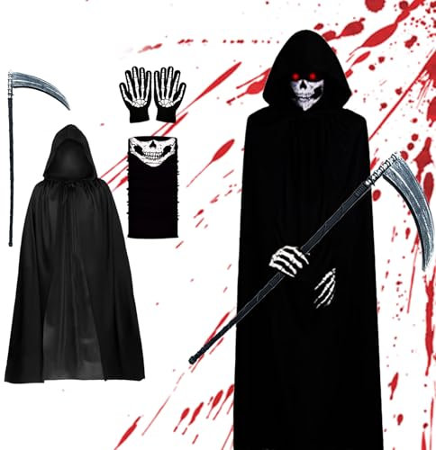4Pcs Halloween kostüm sensenmann, sensenmann kostüm kinder, sensemann umhang Totenkopfmaske, Sense, Handschuhe, Umhang des Todes, Halloween-Kostüme für Männer und Frauen, Cosplay, Party, Karneval