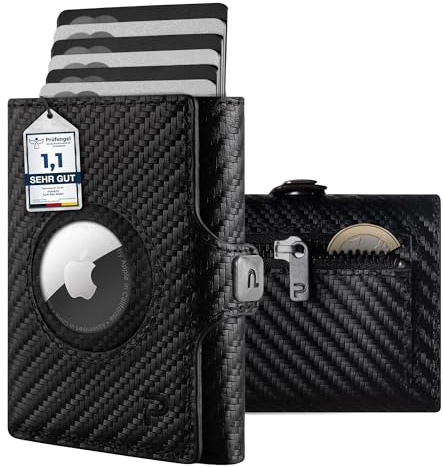 PURISTO KLIK Classic AirTag Wallet mit Münzfach - Mini-Geldbörse für Herren aus Echtleder - Kleines Kartenetui mit RFID-Schutz für 10-14 Karten - Carbon