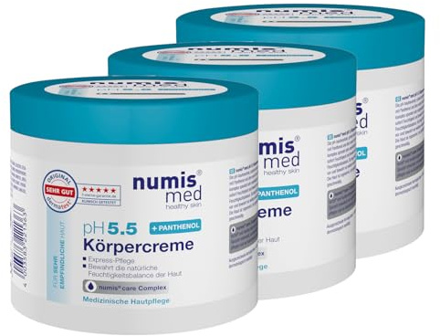 numis med Panthenol Creme für empfindliche Haut - Körpercreme 3x 400ml | pH 5.5 Hautcreme Made in Germany ohne Silikone, Parabene & mikroplastikfrei - Pflegecreme, Pantenolcreme gegen trockene Haut