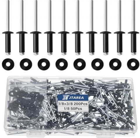 JTAREA 250 Pezzi Rivetti Ciechi in Alluminio 3,2 × 10 mm con Rondella Rivette a Testa Larga Rivetto a Testa Bombata Ribattini Pop (Nero)