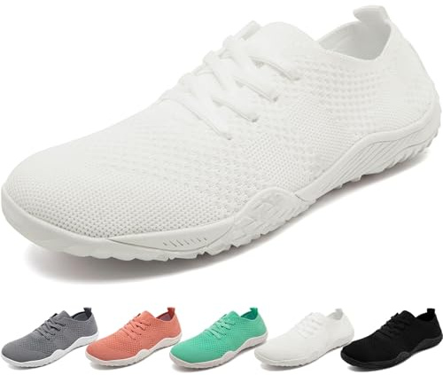 Barfota skor dam sommar löparskor sport komfort barfota skor minimalistiska sneakers dam andningsbara sneakers promenader, Vitt och blått, 40 EU