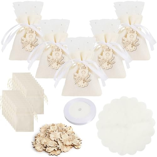 NAEBRO Lot de 30 sacs cadeaux en toile de jute avec cordon de serrage - Petits sacs cadeaux avec organza et rubans décoratifs - Sacs cadeaux pour fêtes, Noël et mariages - Beige