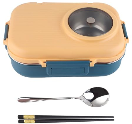 Yosoo Health Gear Thermal Lunch Box, 1100ml Stainless Steel | 3-Compartment with Soup Bowl, Chopsticks & Spoon, Blue Yellow