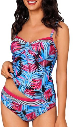 Aottori Tankini-set för kvinnor UK damer tryckta tankinis badkläder med shorts 2-delad bikiniset plus size baddräkt, Blårosa, M