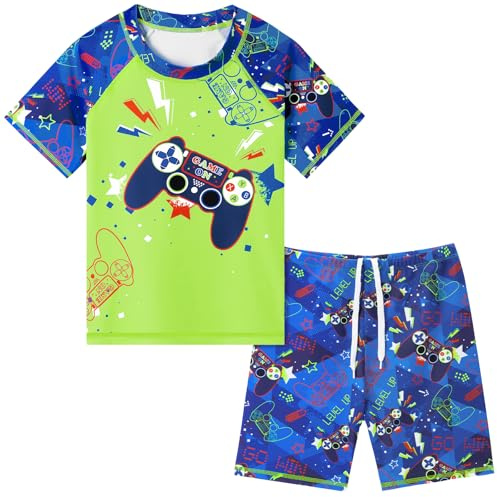WAWSAM Boys Swimsuit Kids Swimming Costume 2 Piece Set UV Sun Protection Rash Guard with Swimming Trunks and Top for Boys Age 3-8 Years Green