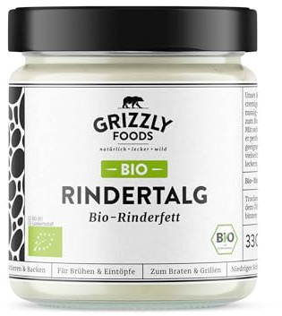 Grizzly Foods • BIO Rindertalg (1 x 330g) • Organic Beef Tallow • 100% natürlich • Hoher Rauchpunkt • Ohne Zusätze • Perfekt für Braten, Backen, Frittieren • Cremige Textur & buttrig-grasiges Aroma