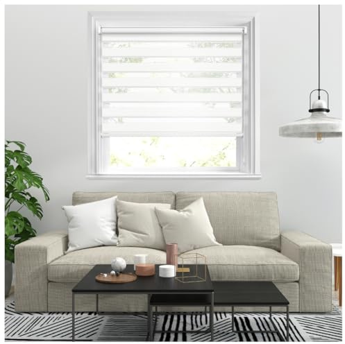J.Din Zebra Roller Blinds Windows Door Curtain For Bedroom Light Filtering Day and Night Window Shades Blind Easy Fit Double Layer Fabric Translucent Vision Curtains (White, 49cm x 165cm)
