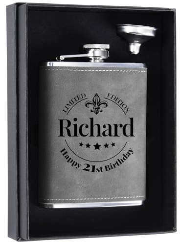 Custom Happy 21st Birthday Gift for Him, 8 oz Personalized Flasks for Men, Stainless Steel Engraved Flask for 18th Birthday Gifts for Men, Grey