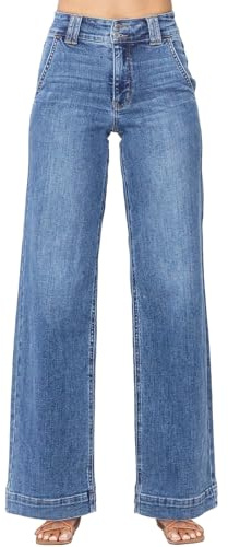 Astylish Women's Pants Wide Leg Jeans Woman Tummy High Waist Double Button Bootcut Trousers Stretchy Vintage Denim Jean Pants with Slanted Pockets Size 8 Sky Blue