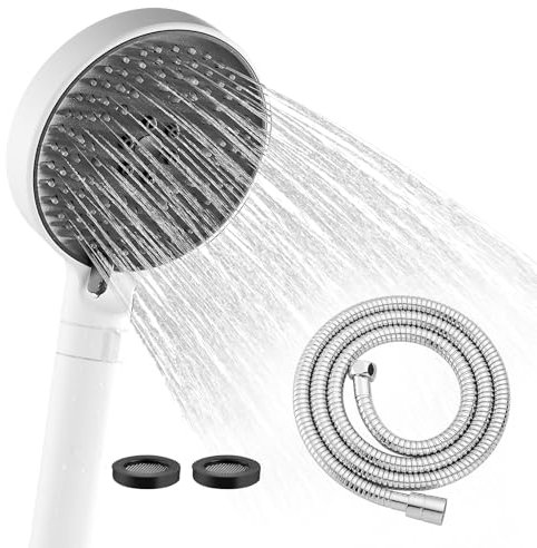 Zeffrary Duschkopf mit Schlauch 1.5M, Handbrause Duschkopf Gross, Wassersparender Duschkopf Hochdruck, mit 3 Strahlarten (weiße)