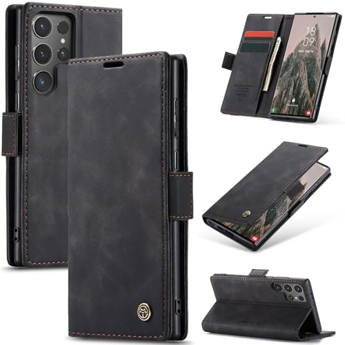 Samokor Handyhülle für Samsung Galaxy S24 Ultra 5G Magnet Leder Klapphülle | Premium Leder,Klappbar,Flip Case,Schutzhülle,Tasche,Kartenfach,Standfunktion,Stoßfest,Hülle für Samsung S24 Ultra,Schwarz
