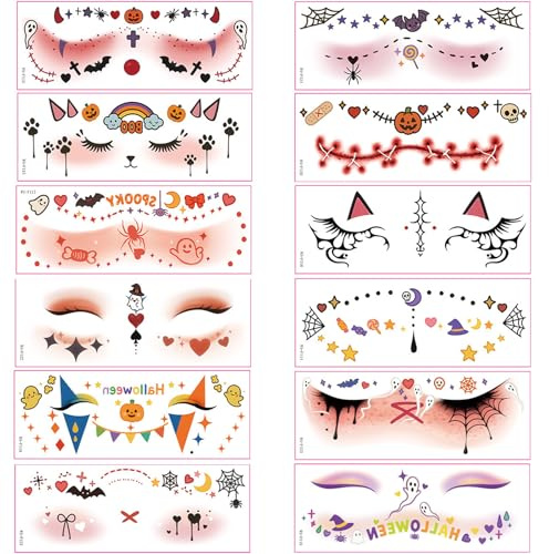 Halloween Temporäre Augen Tattoos, 12 Blätter Süß und Mode Augenbrauen & Wimpern Sticker, Wasserdichte und Hautfreundliche Make up Deko Kostümparty, Fasching & Trick or Treat Frauen und Mädchen