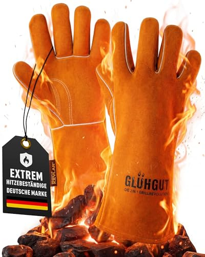 GLÜHGUT Grillhandschuhe Hitzebeständig Rindsleder Kochhandschuhe mit Kevlar-Naht, EN388 Zertifiziert, Fleecefutter, für Grill, Ofen, Feuerstellen, Schweißen, Gartenarbeit