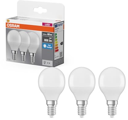 Osram Lampe LED Culot mini boule E14 mat 6500K blanc froid, résistante aux chocs, sans UV, remplace 60 W, 15000 h, lumière instantanée 100%, bureau