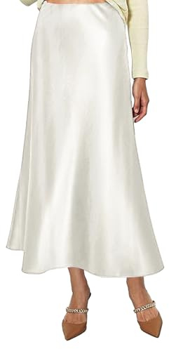 Vossmi Jupe en Satin pour Femme Longue Satinée Jupes Taille Haute Élégant Midi Jupe en Soie Élastique A Ligne Casual Skirt Con Cerniera Printemps Blanc,M